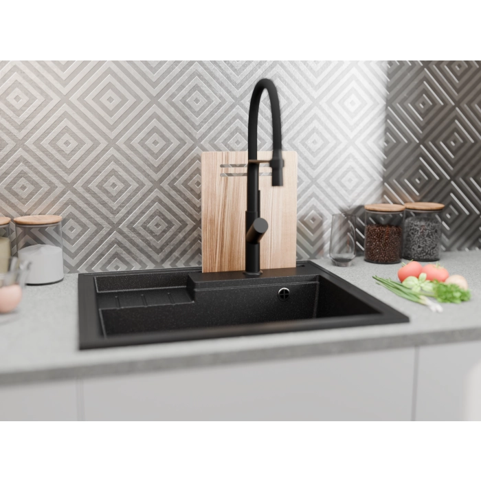 Zlewozmywak Granitowy Jednokomorowy Elite 6052 - Czarny - Syfon Chrom